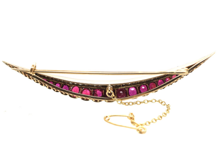 Victorian 15ct Gold, Ruby & Diamond Crescent Brooch