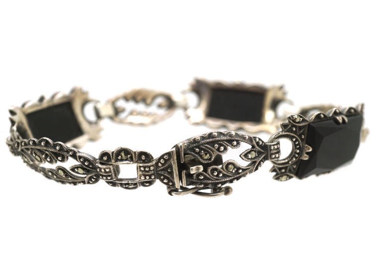 Art Deco Silver, Marcasite & Onyx Bracelet