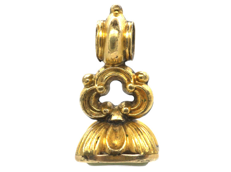 Victorian Small Gold Seal with Green Chalcedony Base with Butterfly & Hedgehog