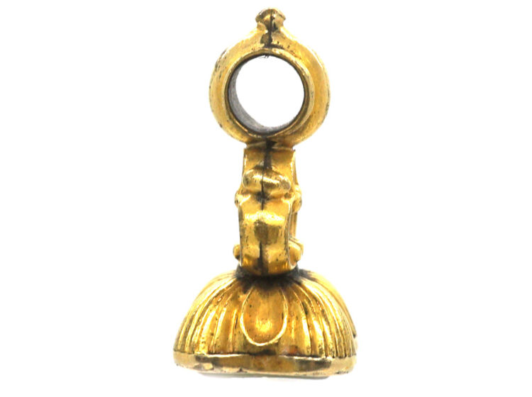 Victorian Small Gold Seal with Green Chalcedony Base with Butterfly & Hedgehog