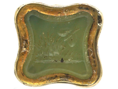 Victorian Small Gold Seal with Green Chalcedony Base with Butterfly & Hedgehog