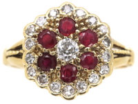 Edwardian 18ct Gold, Ruby & Diamond Cluster Ring