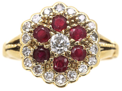 Edwardian 18ct Gold, Ruby & Diamond Cluster Ring