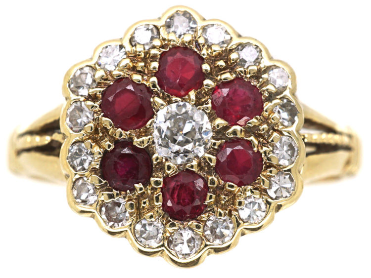 Edwardian 18ct Gold, Ruby & Diamond Cluster Ring
