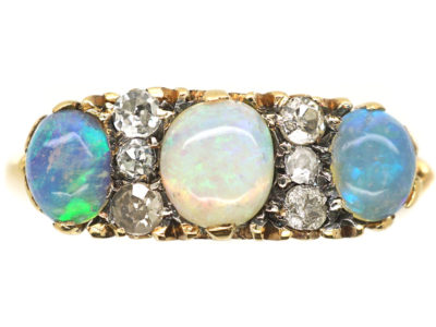Victorian 18ct Gold, Three Stone Opal & Diamond Ring