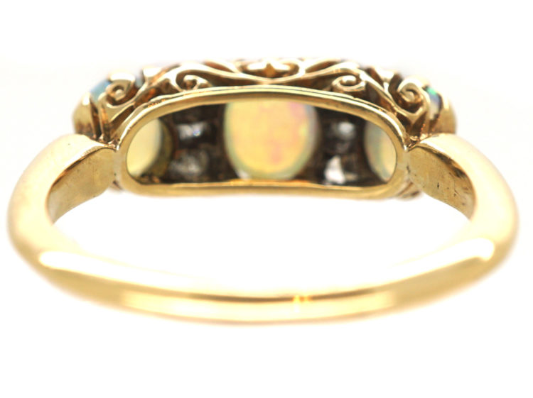 Victorian 18ct Gold, Three Stone Opal & Diamond Ring