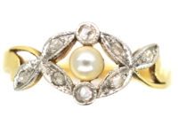 Art Nouveau 18ct Gold, Rose Diamond & Natural Pearl Ring