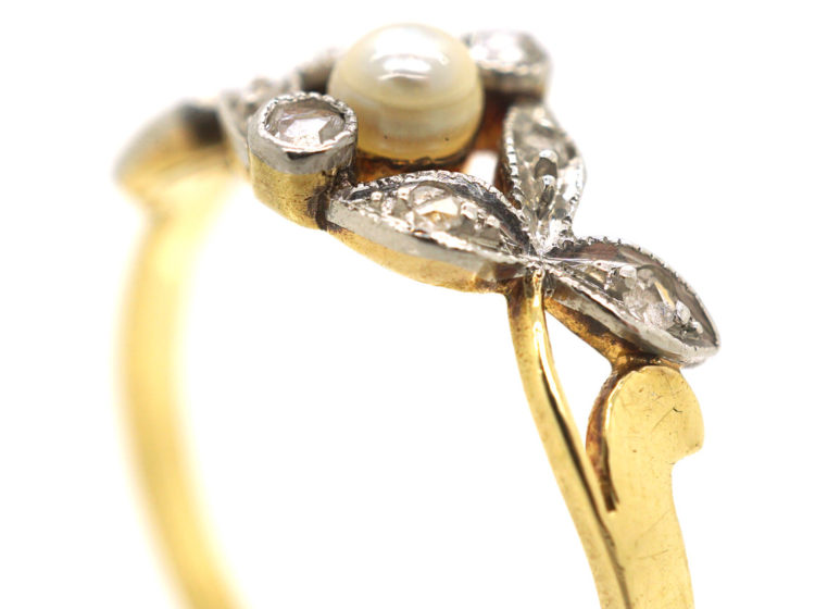 Art Nouveau 18ct Gold, Rose Diamond & Natural Pearl Ring