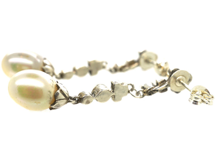 Art Deco Silver, Faux Pearl & Paste Drop Earrings