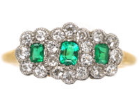 Edwardian 18ct Gold & Platinum Triple Cluster Emerald & Diamond Ring