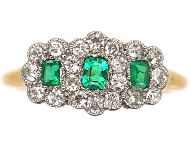 Edwardian 18ct Gold & Platinum Triple Cluster Emerald & Diamond Ring