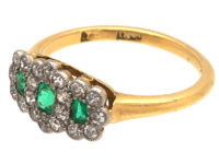 Edwardian 18ct Gold & Platinum Triple Cluster Emerald & Diamond Ring