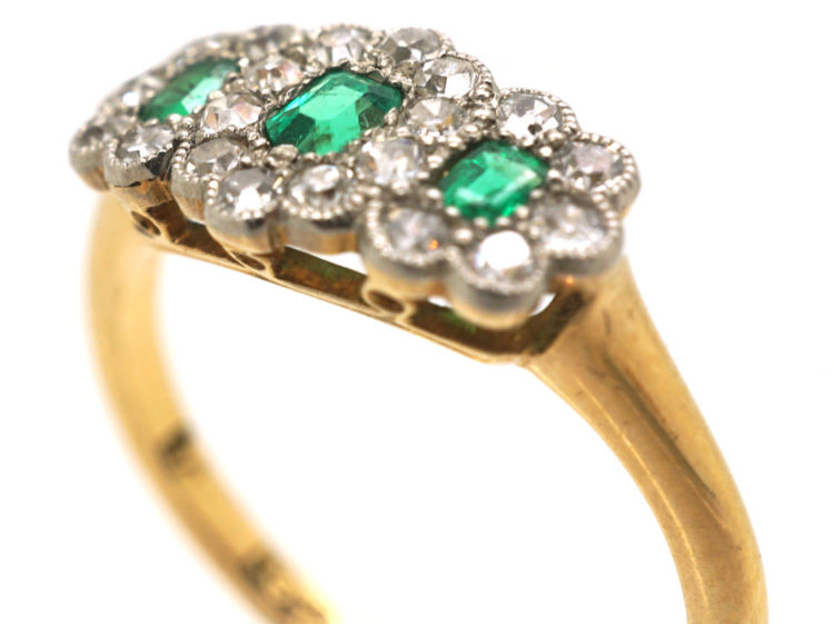 Edwardian 18ct Gold & Platinum Triple Cluster Emerald & Diamond Ring
