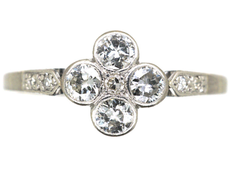 Edwardian 18ct White Gold & Platinum Four Stone Diamond Cluster Ring
