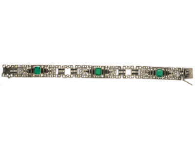 Art Deco Silver Green, Black & White Paste Bracelet