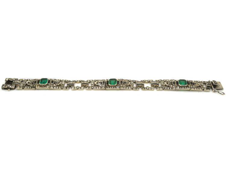 Art Deco Silver Green, Black & White Paste Bracelet