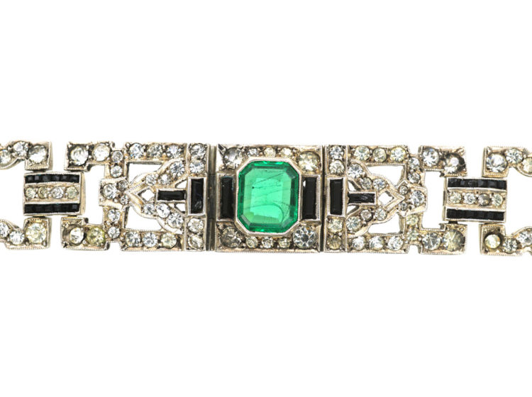 Art Deco Silver Green, Black & White Paste Bracelet