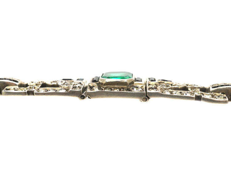 Art Deco Silver Green, Black & White Paste Bracelet