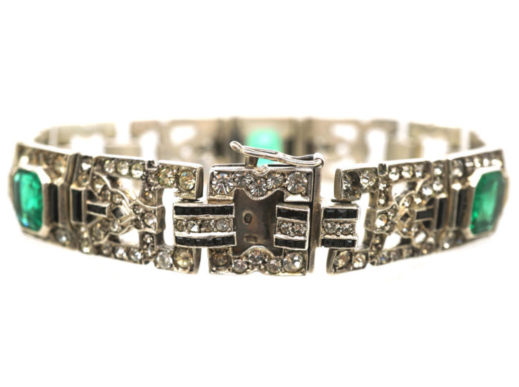 Art Deco Silver Green, Black & White Paste Bracelet
