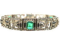 Art Deco Silver Green, Black & White Paste Bracelet