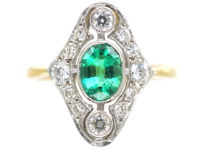 Art Deco 18ct Gold & Platinum, Emerald & Diamond Ring