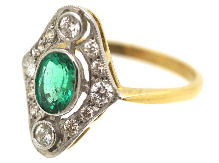 Art Deco 18ct Gold & Platinum, Emerald & Diamond Ring
