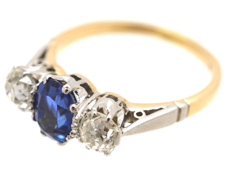Art Deco 18ct Gold & Platinum, Sapphire & Diamond Three Stone Ring