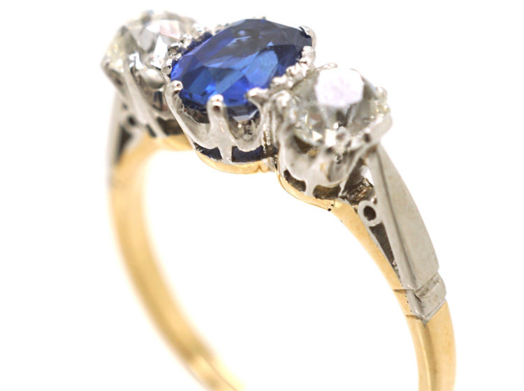 Art Deco 18ct Gold & Platinum, Sapphire & Diamond Three Stone Ring