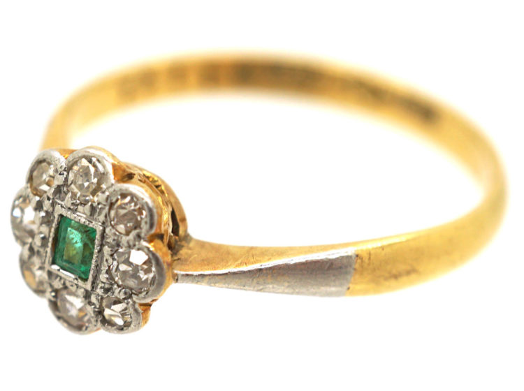 Edwardian 18ct & Platinum, Emerald & Diamond Cluster Ring