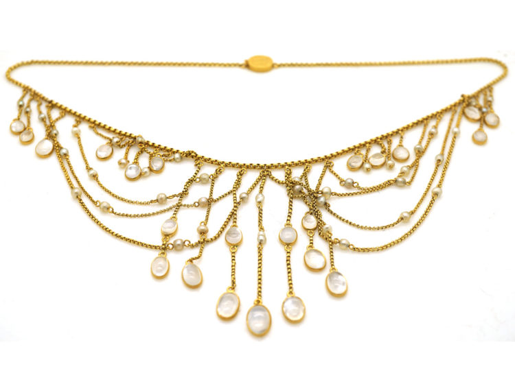 Edwardian 15ct Gold, Moonstone & Natural Pearls Festoon Necklace