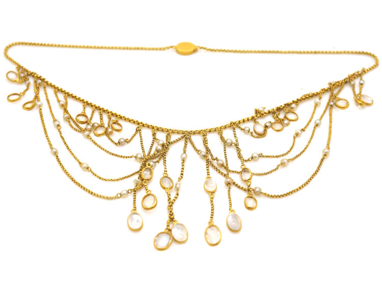 Edwardian 15ct Gold, Moonstone & Natural Pearls Festoon Necklace