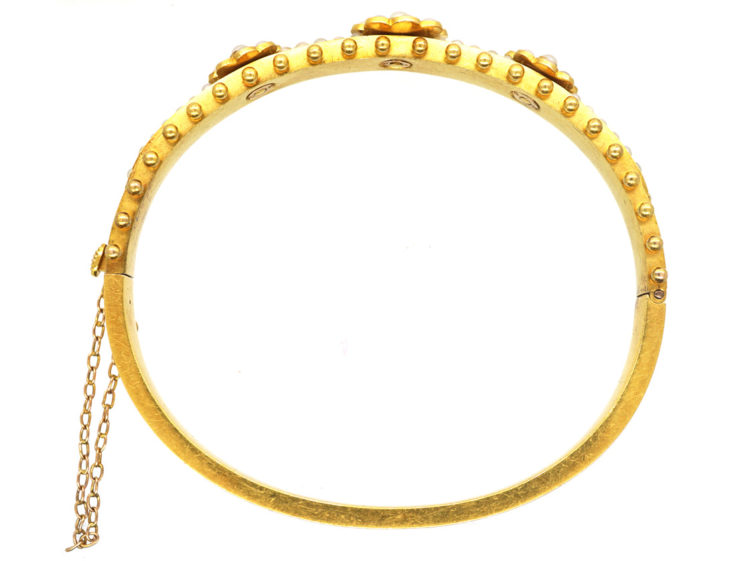 Victorian 15ct Gold Triple Natural Split Pearl Cluster Bangle