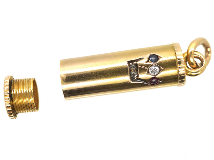 Edwardian 15ct Gold Mezuzah Pendant set with a Ruby, Sapphire & Diamonds