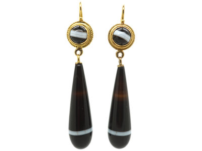 Victorian 15ct Gold & Banded Sardonyx Drop Earrings