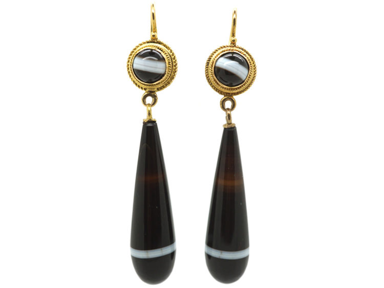 Victorian 15ct Gold & Banded Sardonyx Drop Earrings