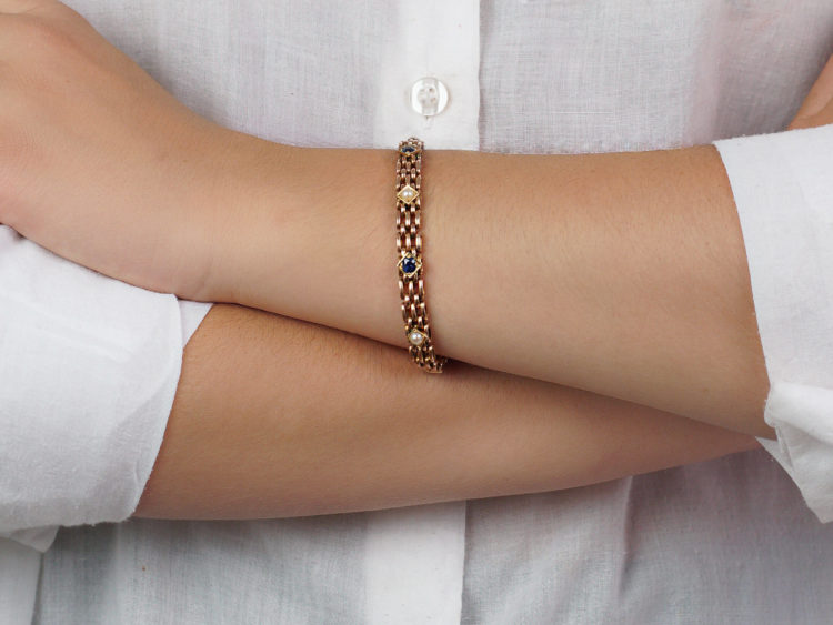 Edwardian 15ct Gold Sapphire & Natural Split Pearl Bracelet