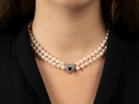 Two Row Pearl Choker With a Heart Shaped Diamond & Sapphire Clasp
