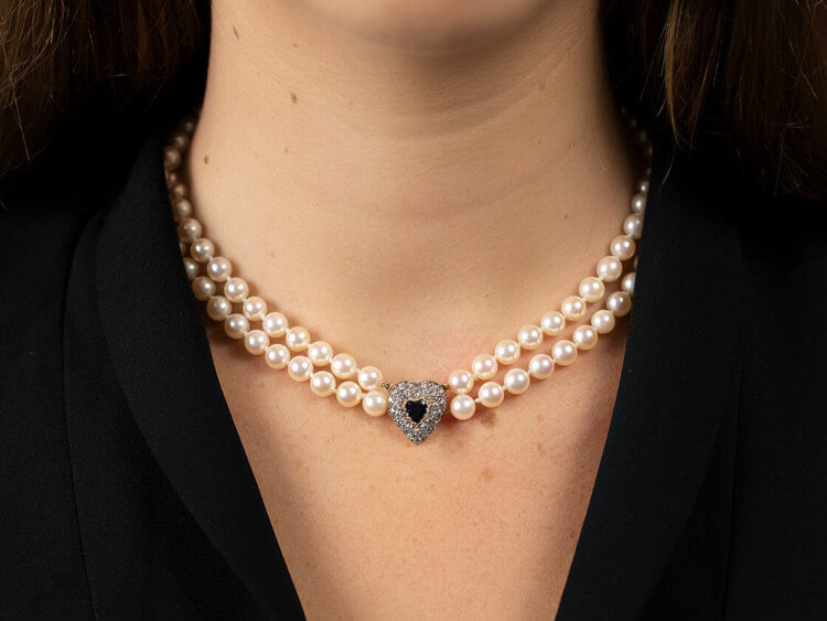 Two Row Pearl Choker With a Heart Shaped Diamond & Sapphire Clasp