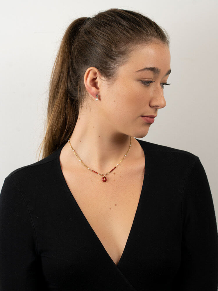 Edwardian 9ct Gold & Strawberry Red & White Enamel Heart Necklace