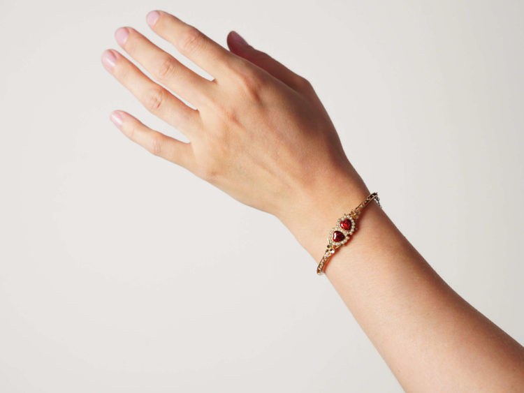 Edwardian 15ct Gold, Red Enamel & Natural Split Pearl Double Heart Bangle