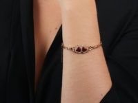 Edwardian 15ct Gold, Red Enamel & Natural Split Pearl Double Heart Bangle
