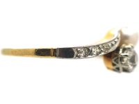 Edwardian 18ct Gold & Platinum Crossover Ring set with a Natural Pearl & a Diamond