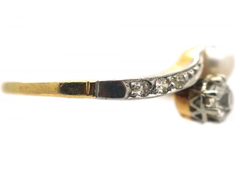 Edwardian 18ct Gold & Platinum Crossover Ring set with a Natural Pearl & a Diamond