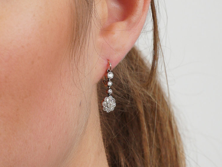 Edwardian 15ct Gold & Platinum, Diamond Cluster Drop Earrings