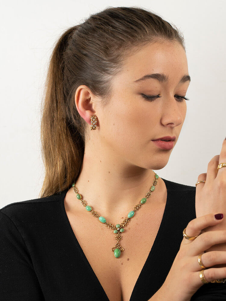 18ct Gold Arts & Crafts Necklace Set With Turquoise & a Diamond