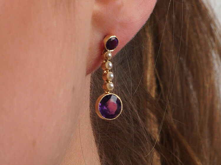 Edwardian 15ct Gold, Amethyst & Pearl Drop Earrings