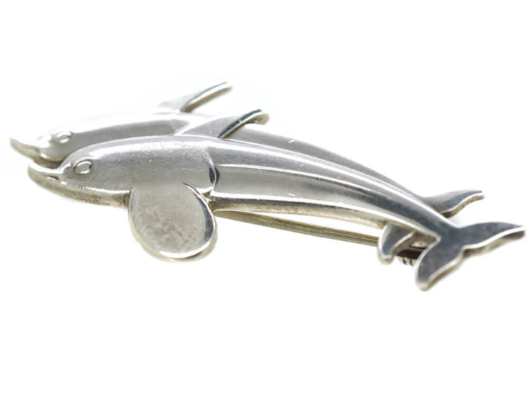 Georg Jensen Silver Dolphins Brooch Designed by Arno Malinowski