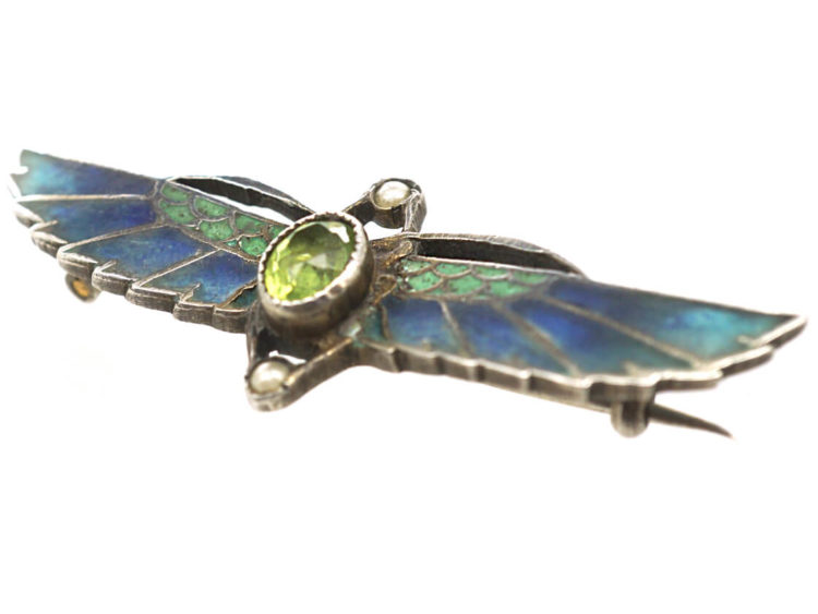 Egyptian Revival Silver & Plique a Jour Scarab Brooch