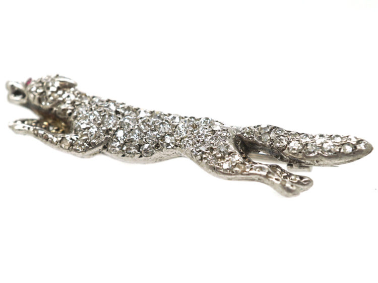 Edwardian Diamond Set Fox Brooch with Ruby Eyes
