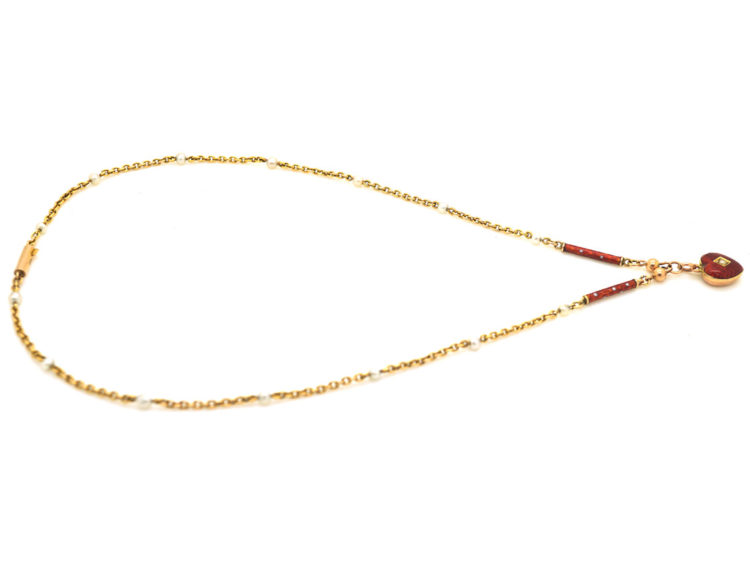 Edwardian 9ct Gold & Strawberry Red & White Enamel Heart Necklace